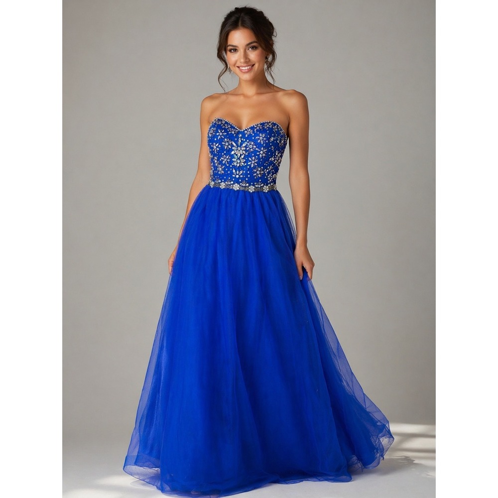 Steppin Out Cobalt Blue Beaded Tulle Ball Gown Prom Formal Princess Glam Sz 9/10